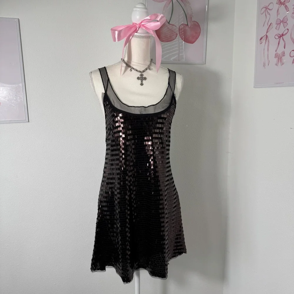 Free People NEW Disco Fever Sequin Mini Slip‎ Dress Black Combo Womens Medium